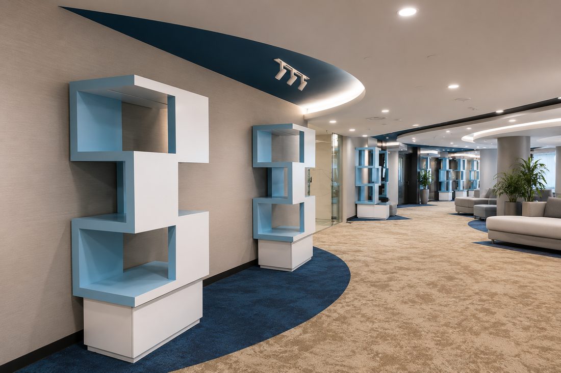FF&E Receiving, Logistics and Installation for Commercial Projects in Singapore Completed commercial lobby with display units, loose furniture and interior features