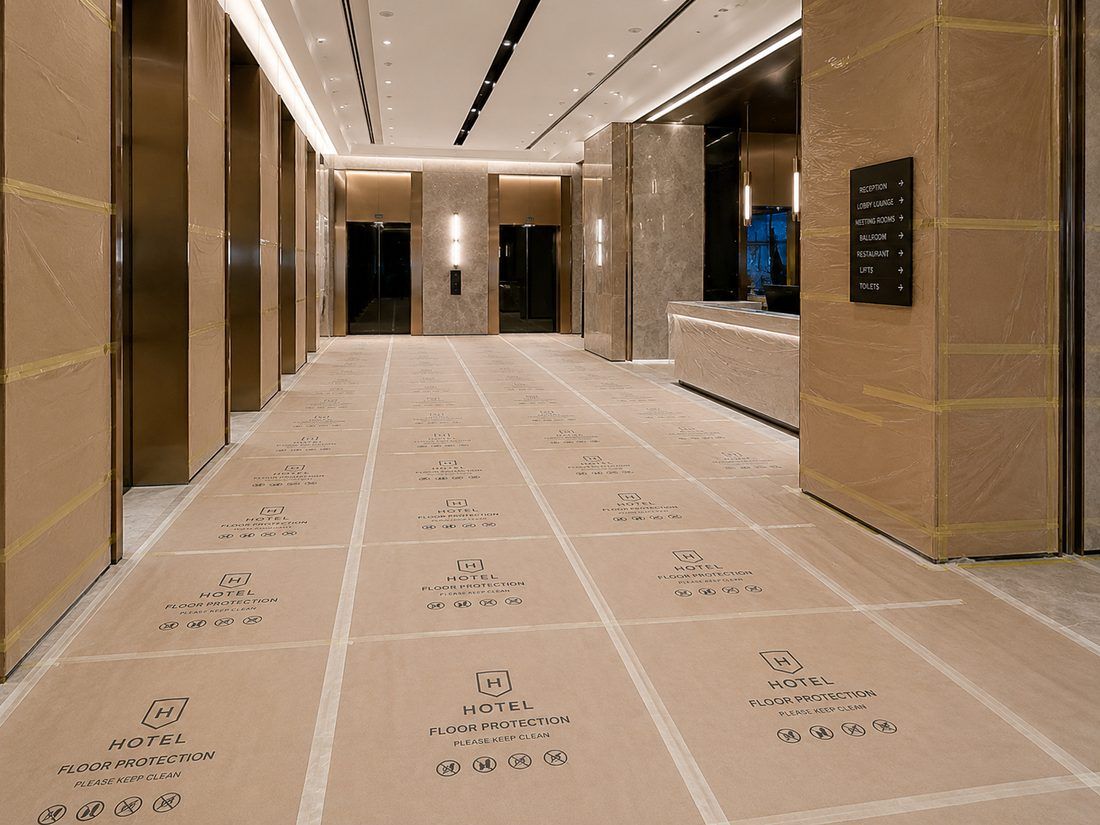 FF&E Receiving, Logistics and Installation for Commercial Projects in Singapore Floor, columns and reception counter protected before FF&E installation