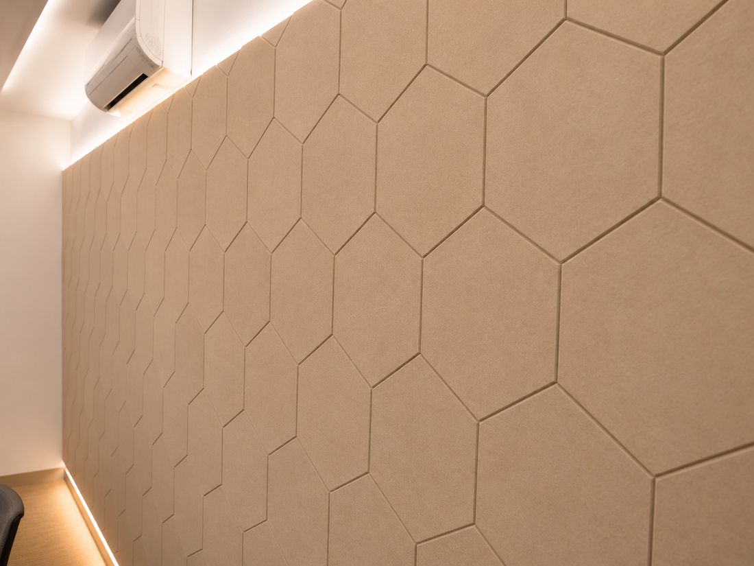 Close-up of hexagonal PET acoustic wall panels