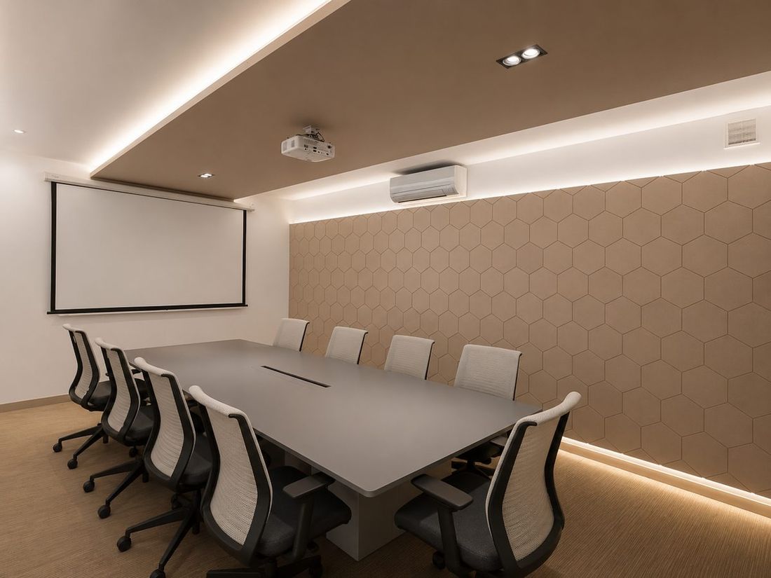 Hexagonal acoustic panels installed in a Singapore office meeting room