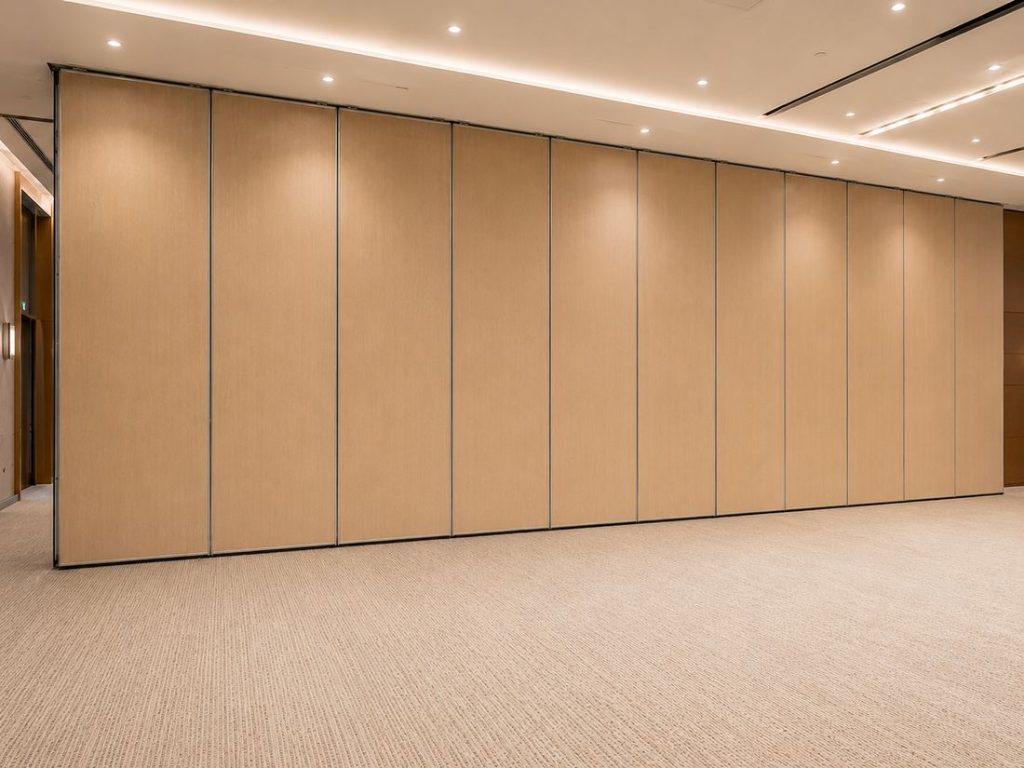 Operable wall fully closed across a hotel ballroom