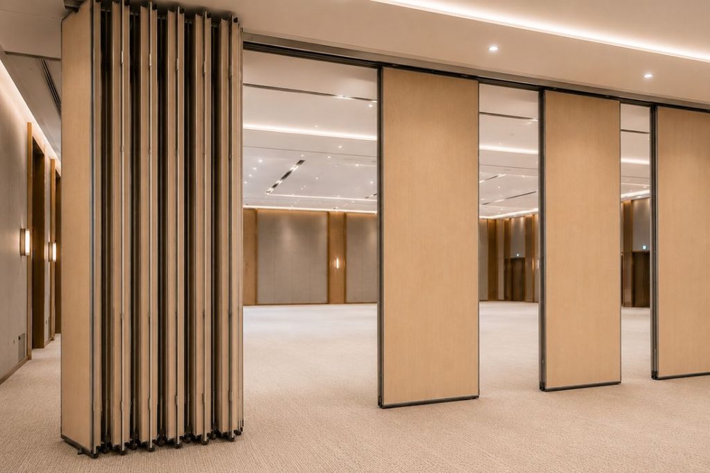 Operable wall panels moving out of the stacking bay in a hotel ballroom