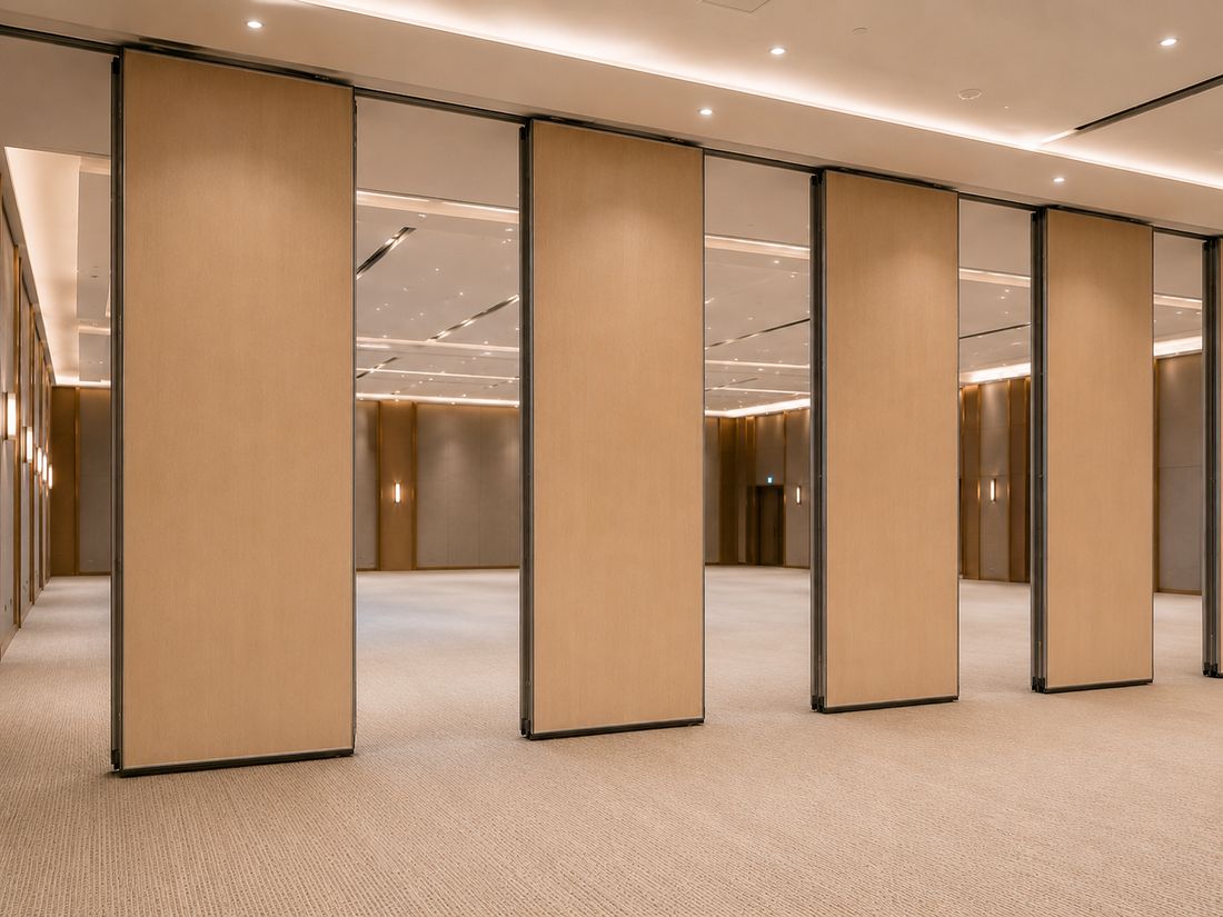Individual movable partition panels opening and stacking at the side of a room