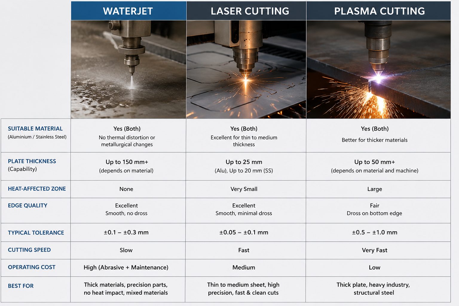 Comparison of abrasive waterjet, fibre laser and plasma cutting, showing plate thickness range, heat-affected zone, edge condition and typical tolerance for each process.