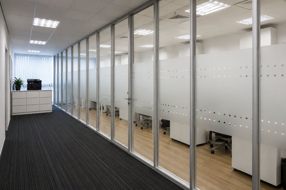 Glazed office partitions installed along a working office floor