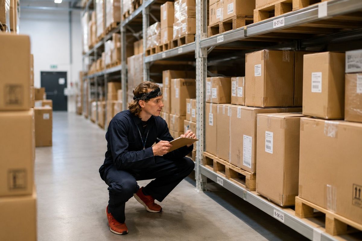 Warehouse team reviewing carton labels and visible transit damage