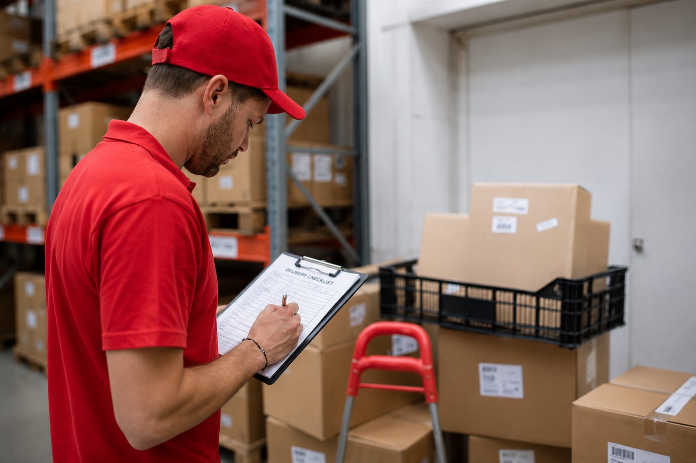 Furniture cartons checked against a packing list during warehouse receiving