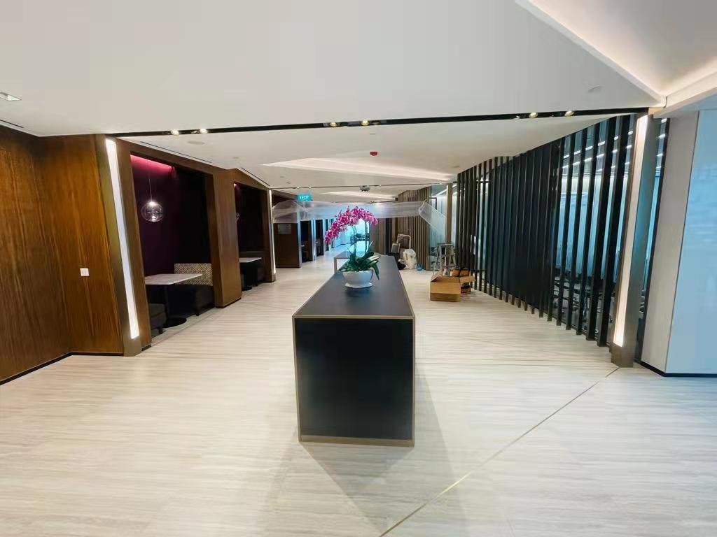 Completed commercial fit-out corridor with timber slat ceiling and reception counter