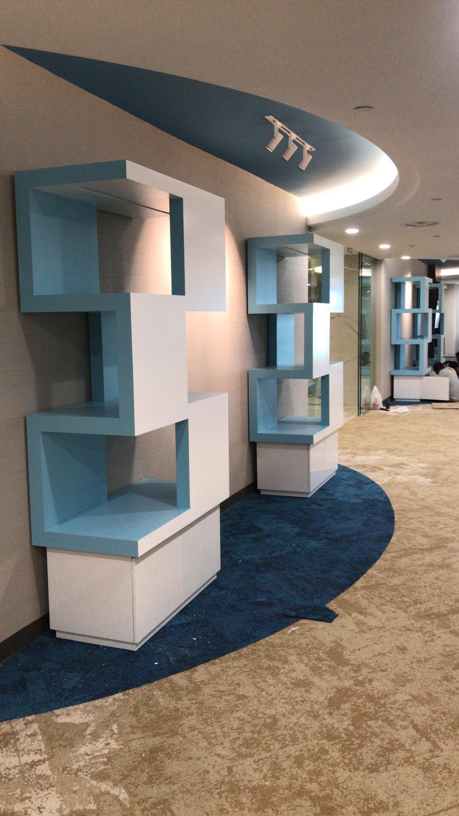 Reception Counters and Feature Joinery Installation for Corporate Offices office feature display joinery singapore